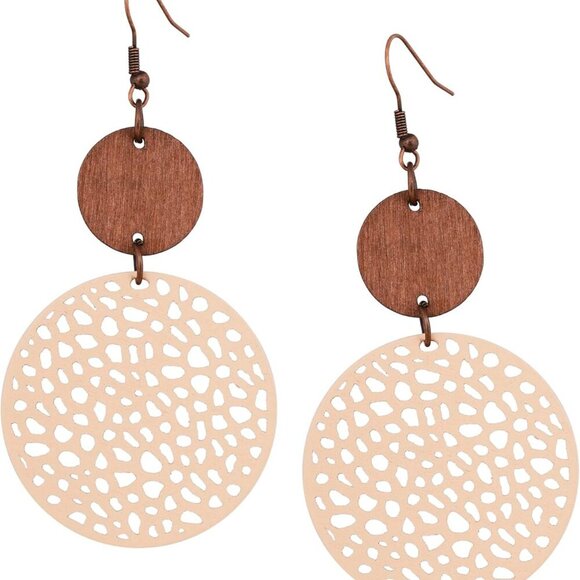 Bohemian Hollow Cut-Out Wood Leather Dangle Drop Earrings, Boho Chic Hippie Stat - Picture 1 of 7
